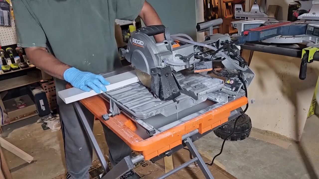 Close-up of tile being cut on the RIDGID wet saw